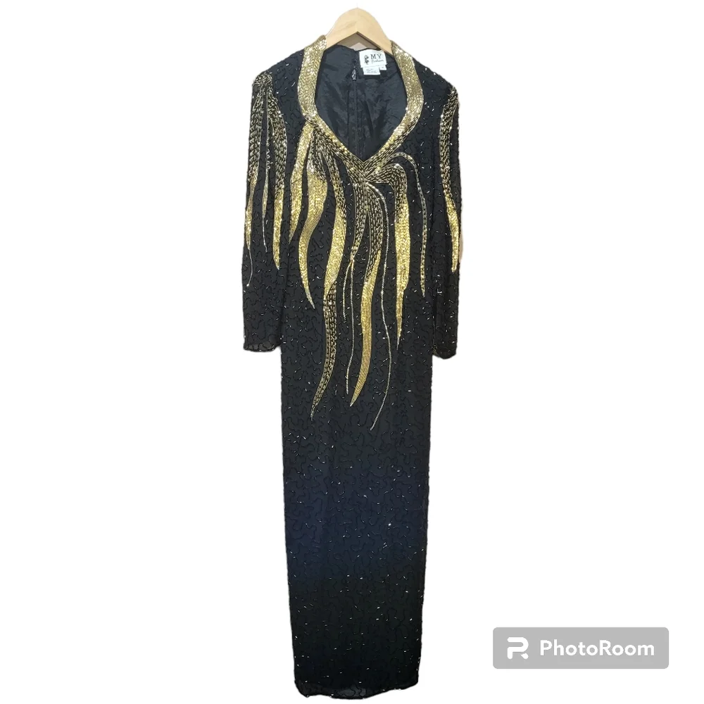 Vintage black & gold full length silk beaded formal gown - Picture 1 of 13